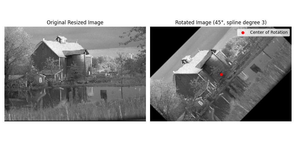 Original Resized Image, Rotated Image (45°, spline degree 3)