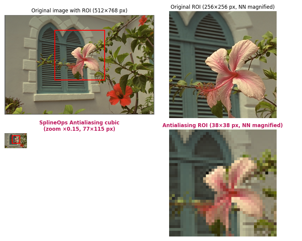 Original image with ROI (512×768 px), Original ROI (256×256 px, NN magnified), SplineOps Antialiasing cubic (zoom ×0.15, 77×115 px), Antialiasing ROI (38×38 px, NN magnified)