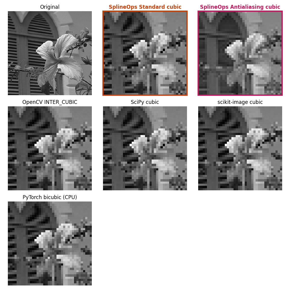 Original, SplineOps Standard cubic, SplineOps Antialiasing cubic, OpenCV INTER_CUBIC, SciPy cubic, scikit-image cubic, PyTorch bicubic (CPU)