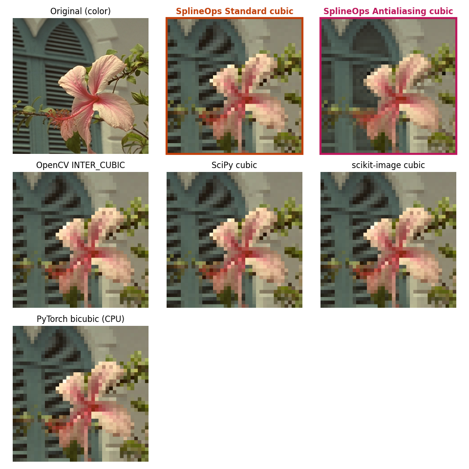 Original (color), SplineOps Standard cubic, SplineOps Antialiasing cubic, OpenCV INTER_CUBIC, SciPy cubic, scikit-image cubic, PyTorch bicubic (CPU)