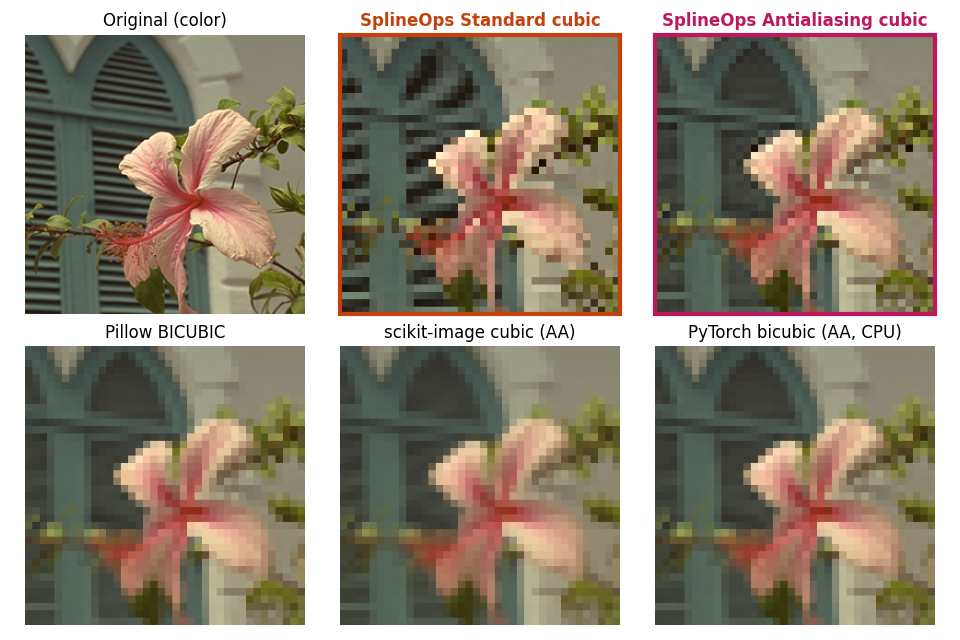 Original (color), SplineOps Standard cubic, SplineOps Antialiasing cubic, Pillow BICUBIC, scikit-image cubic (AA), PyTorch bicubic (AA, CPU)