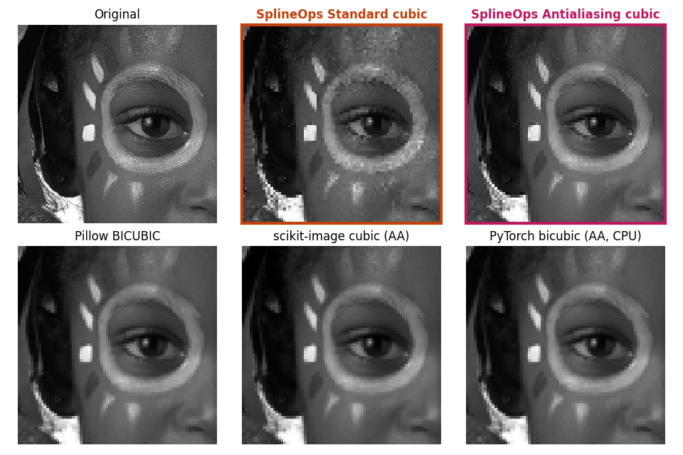 Original, SplineOps Standard cubic, SplineOps Antialiasing cubic, Pillow BICUBIC, scikit-image cubic (AA), PyTorch bicubic (AA, CPU)