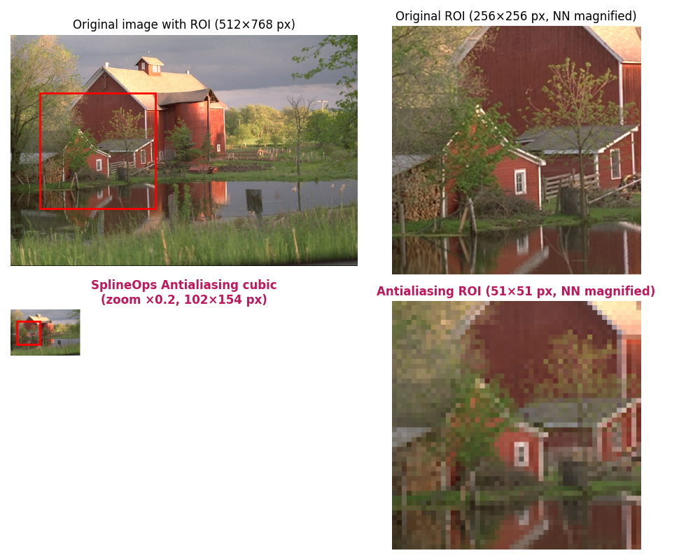Original image with ROI (512×768 px), Original ROI (256×256 px, NN magnified), SplineOps Antialiasing cubic (zoom ×0.2, 102×154 px), Antialiasing ROI (51×51 px, NN magnified)