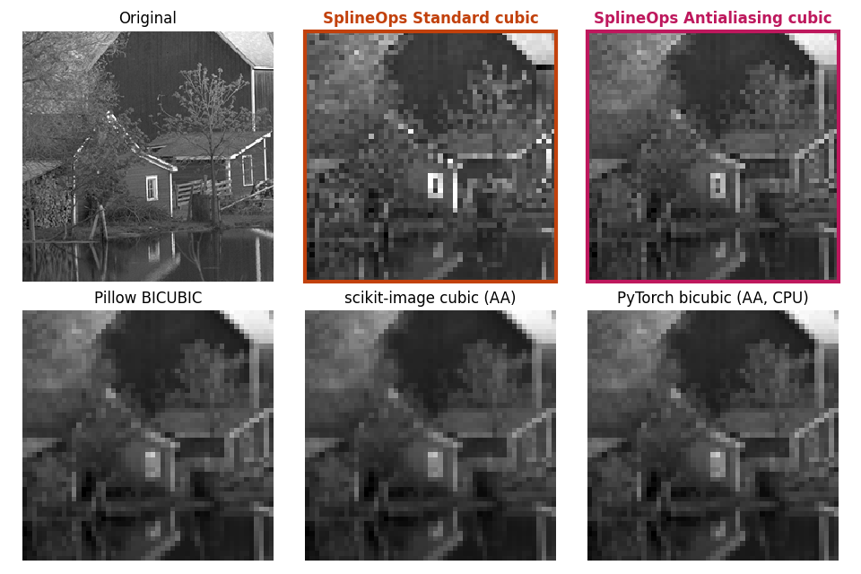 Original, SplineOps Standard cubic, SplineOps Antialiasing cubic, Pillow BICUBIC, scikit-image cubic (AA), PyTorch bicubic (AA, CPU)