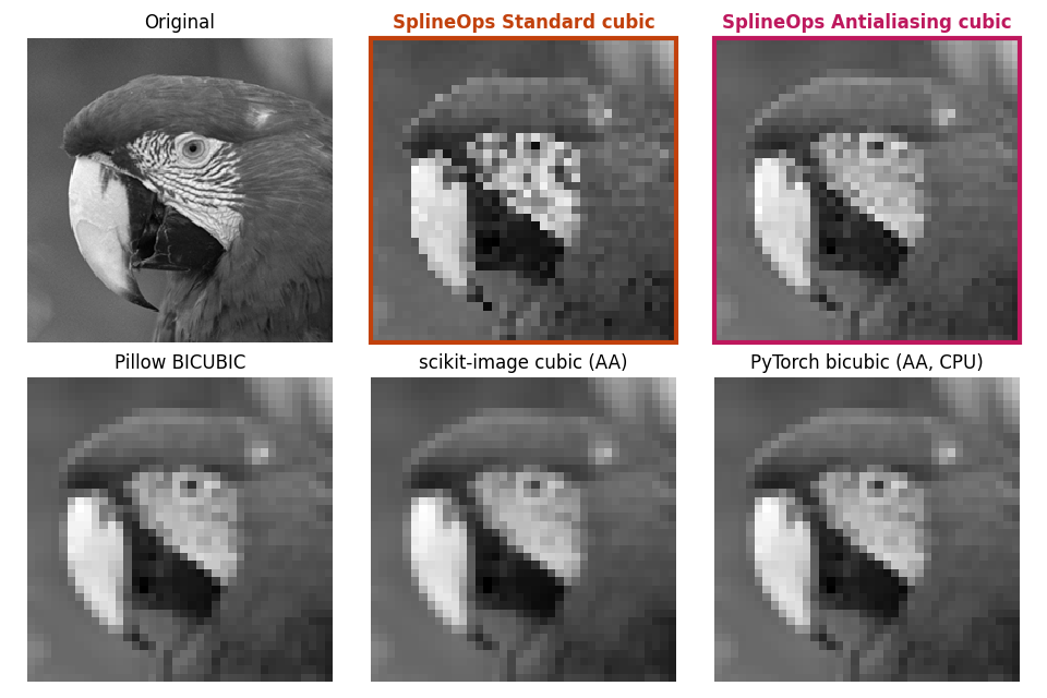 Original, SplineOps Standard cubic, SplineOps Antialiasing cubic, Pillow BICUBIC, scikit-image cubic (AA), PyTorch bicubic (AA, CPU)
