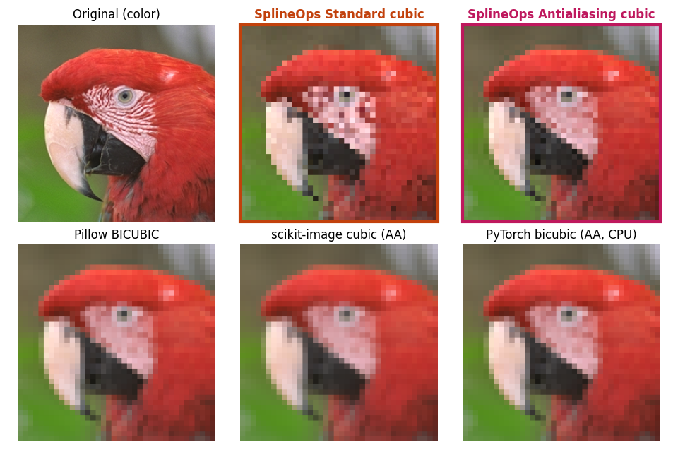 Original (color), SplineOps Standard cubic, SplineOps Antialiasing cubic, Pillow BICUBIC, scikit-image cubic (AA), PyTorch bicubic (AA, CPU)